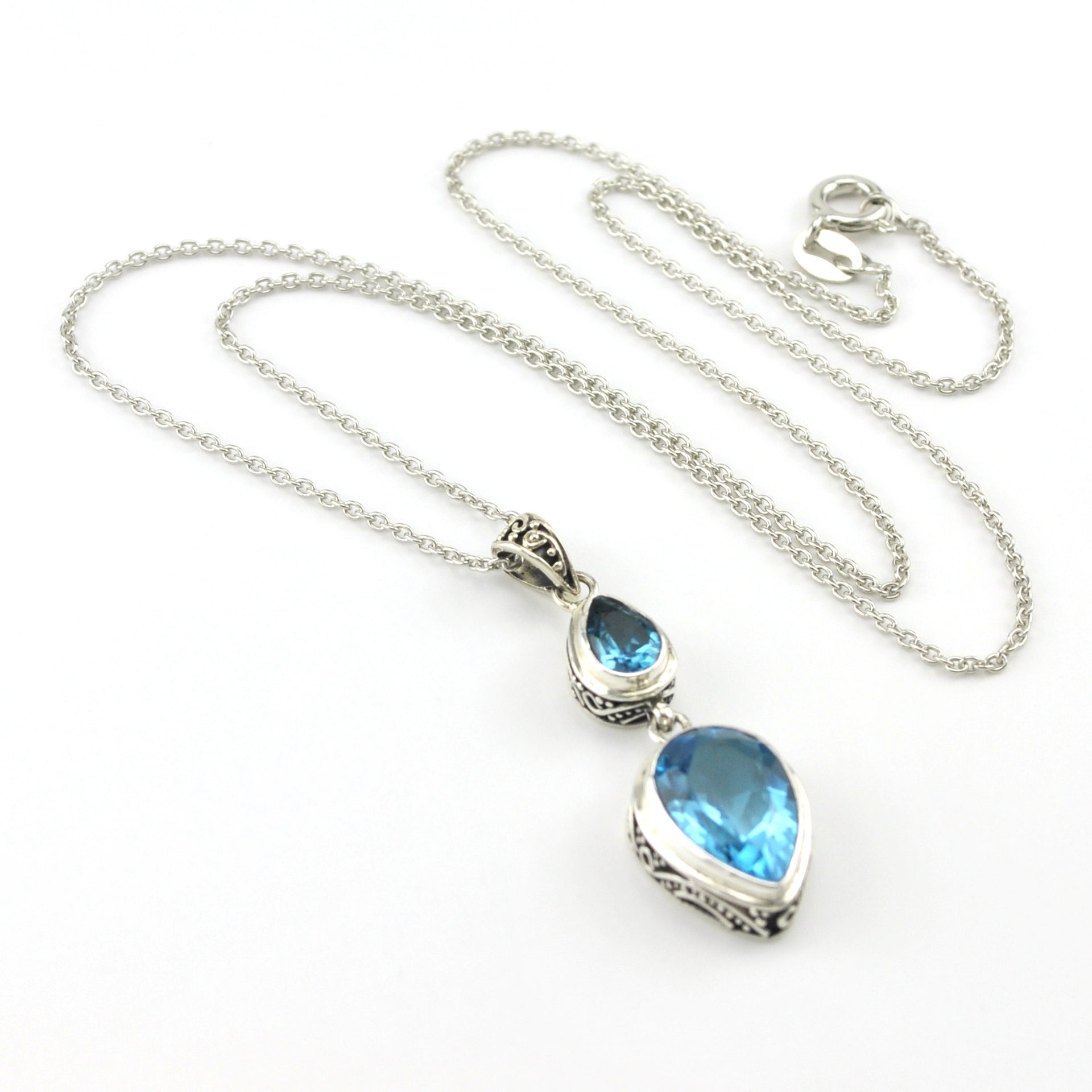 Sterling Silver Blue Topaz Pear Tear Bali Necklace