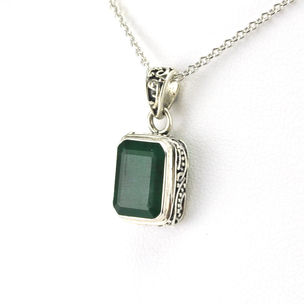 Side View Sterling Silver Emerald 8x10mm Rectangle Bali Necklace