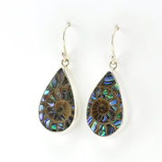 Side View Sterling Silver Ammonite Inlaid with Abalone Dangle Earrings