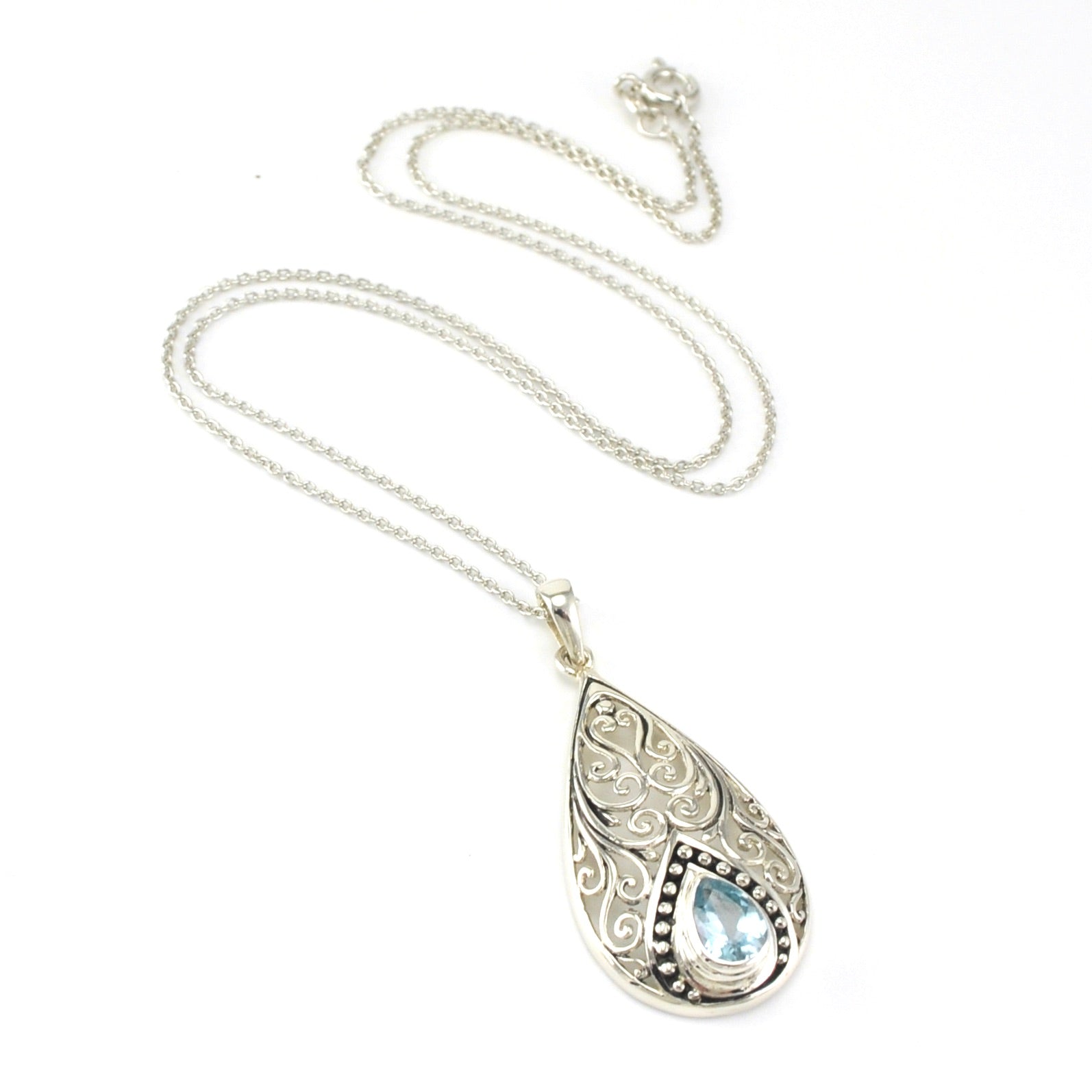 Full View Sterling Silver Blue Topaz Tear Bali Necklace