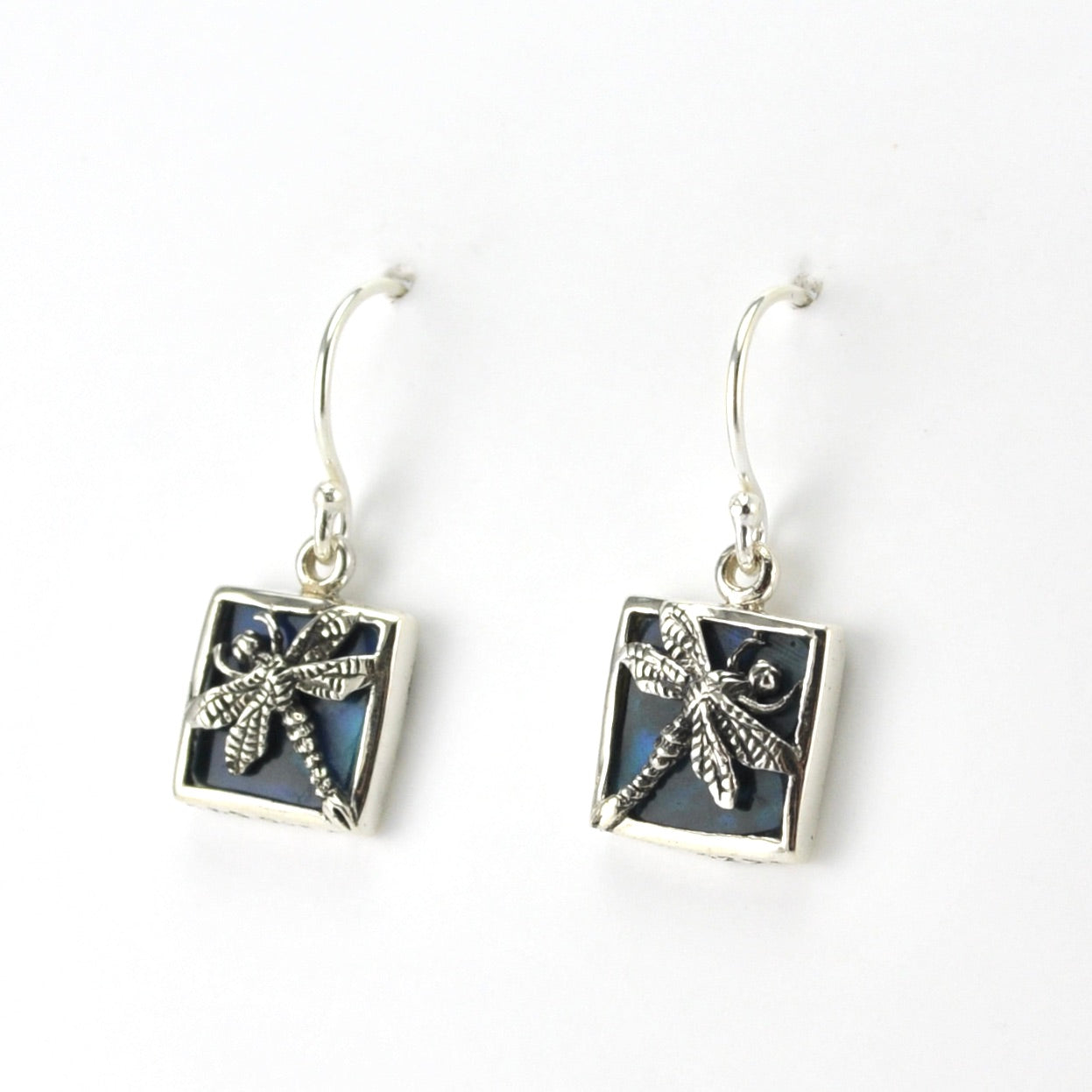 Side View Sterling Silver Blue Abalone Dragonfly Square Earrings