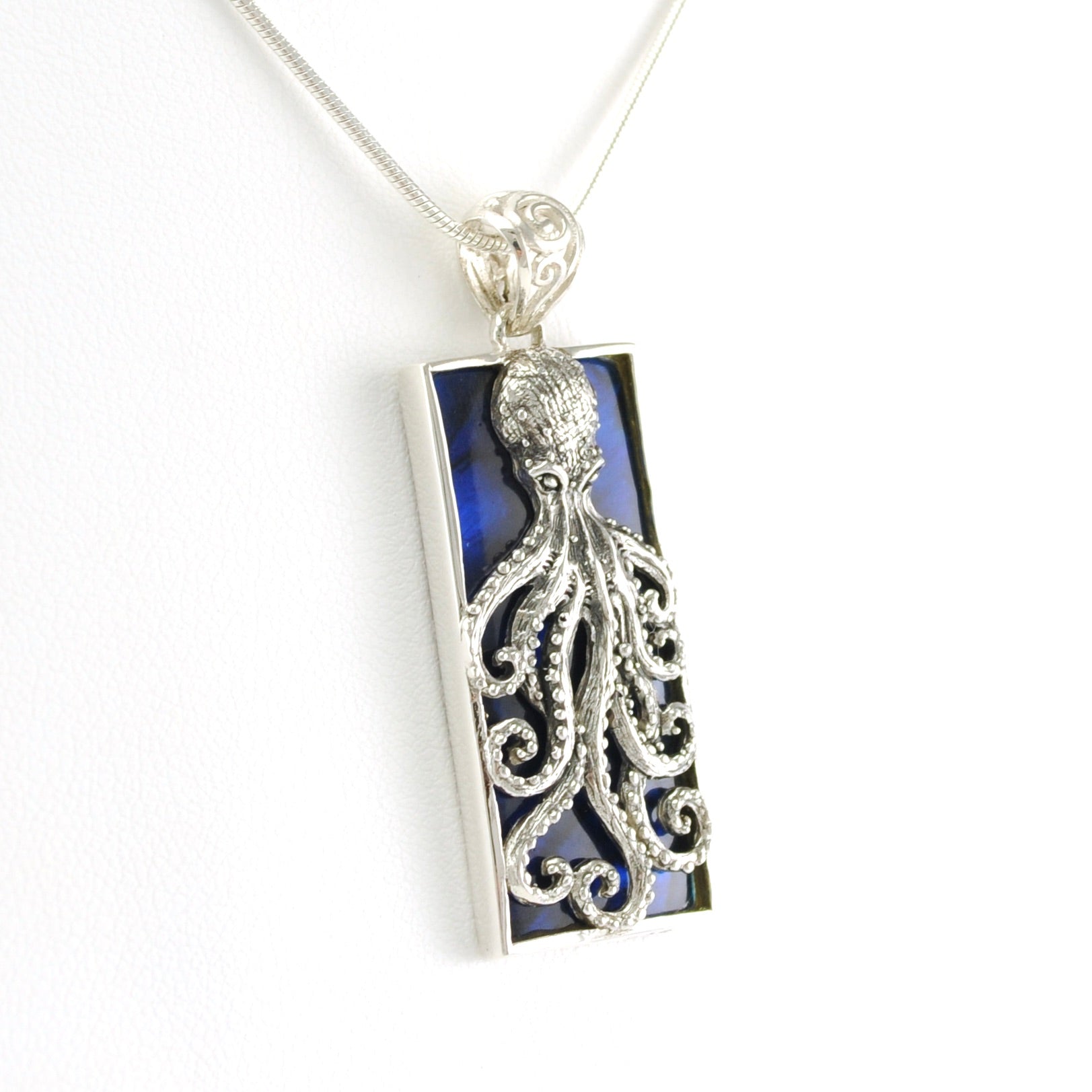 Side View Sterling Silver Blue Abalone Rectangle Octopus Pendant