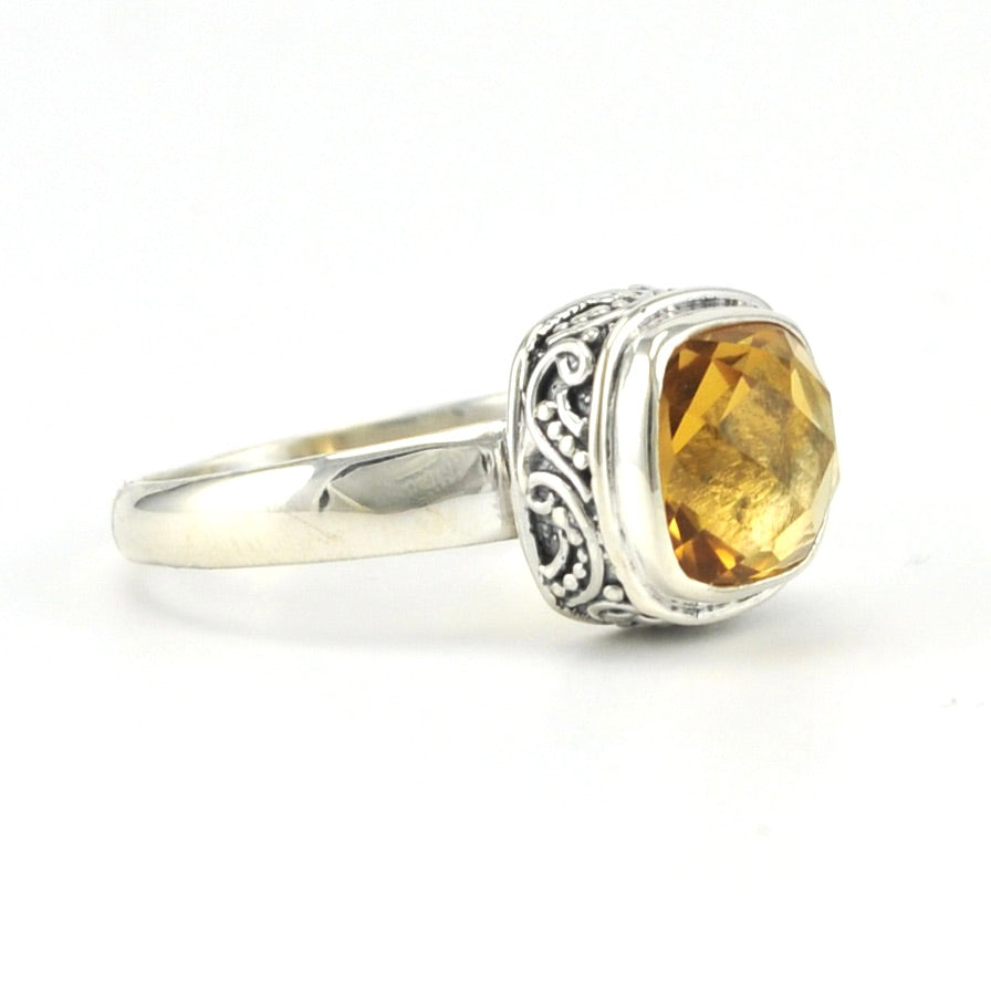 Side View Sterling Silver Citrine 8mm Square Bali Ring
