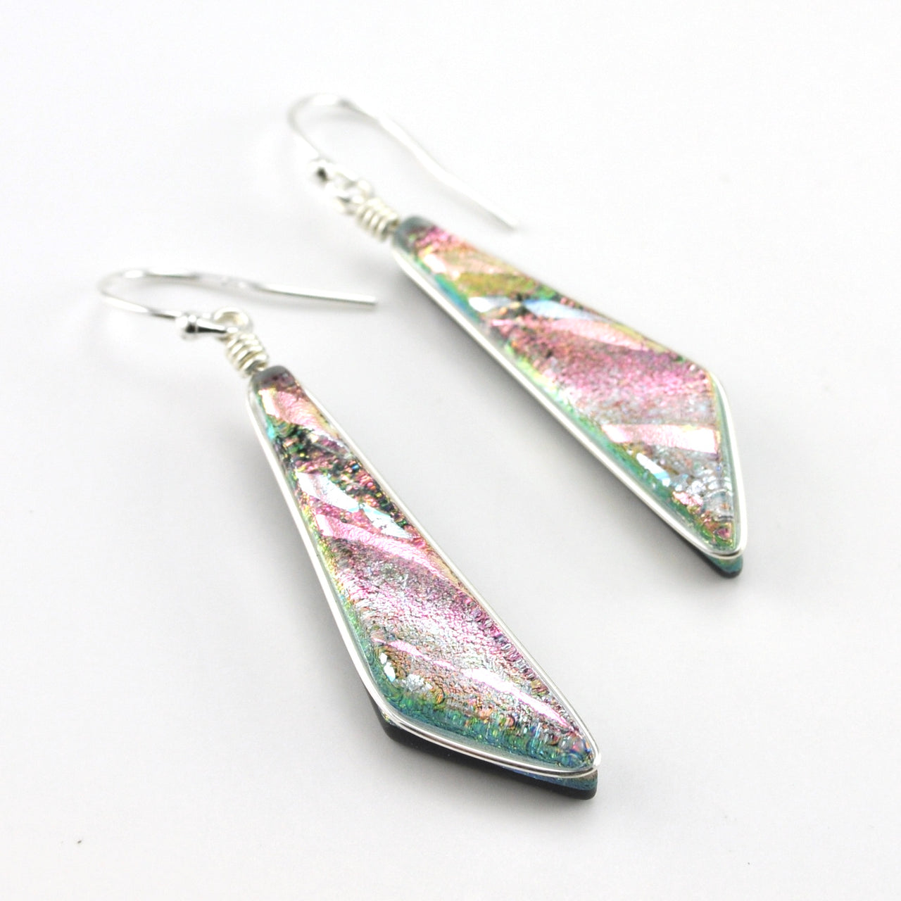 Sterling Silver Dichroic Glass Pink Comet Dangle Earrings