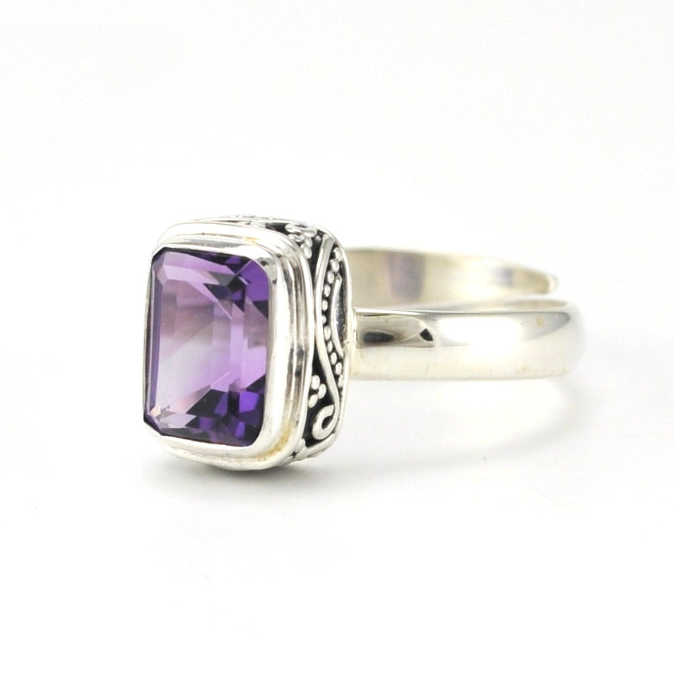 Sterling Silver Amethyst 6x8mm Rectangle Bali Ring