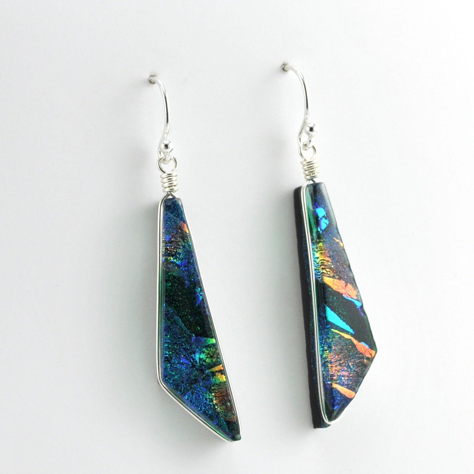 Alt View Sterling Silver Dichroic Glass Rainbow Green Comet Dangle Earrings