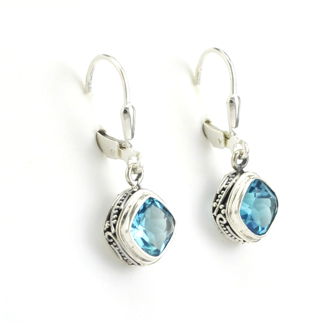 Side View Sterling Silver Blue Topaz 7mm Offset Square Bali Earrings