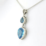 Side View Sterling Silver Blue Topaz Pear Tear Bali Necklace