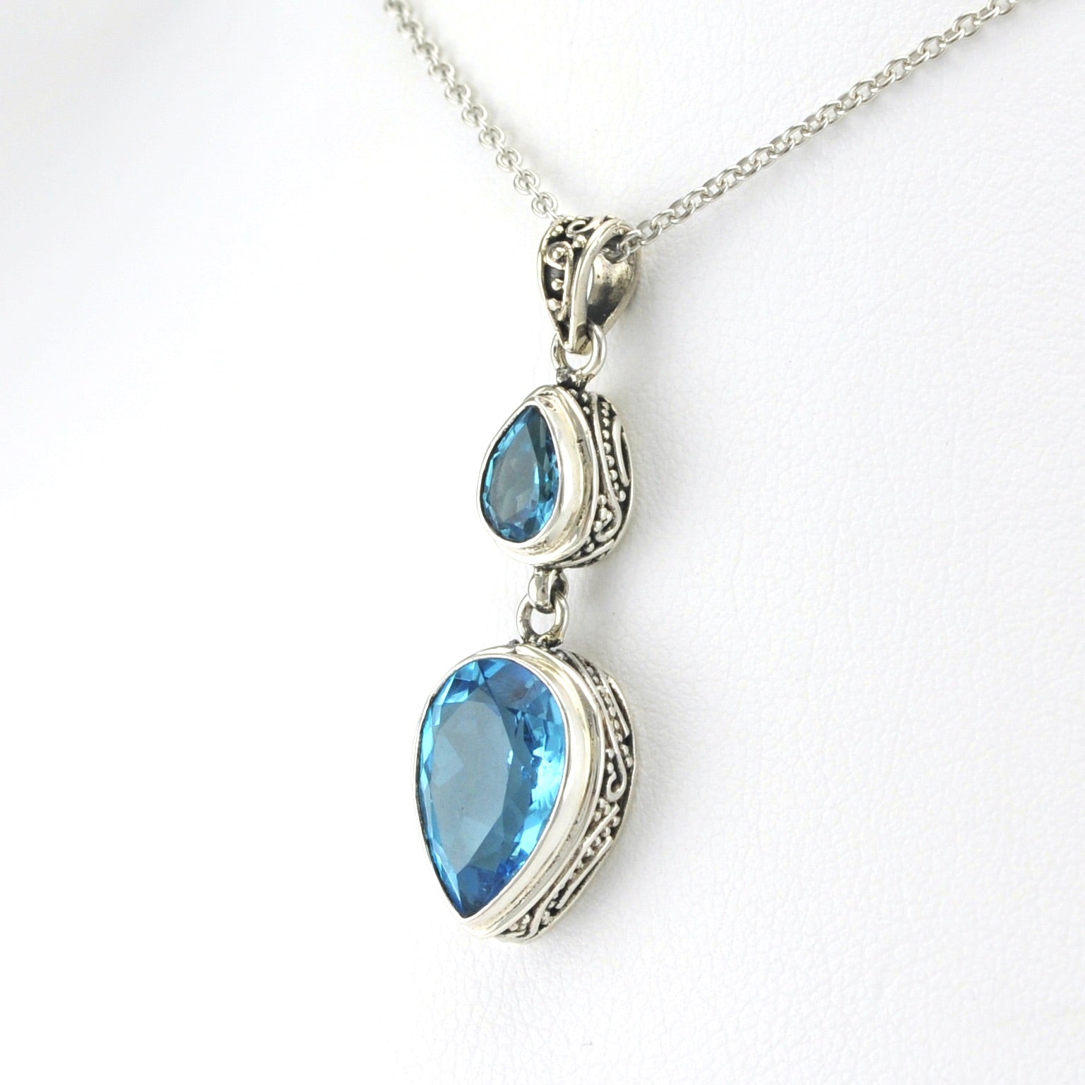Side View Sterling Silver Blue Topaz Pear Tear Bali Necklace