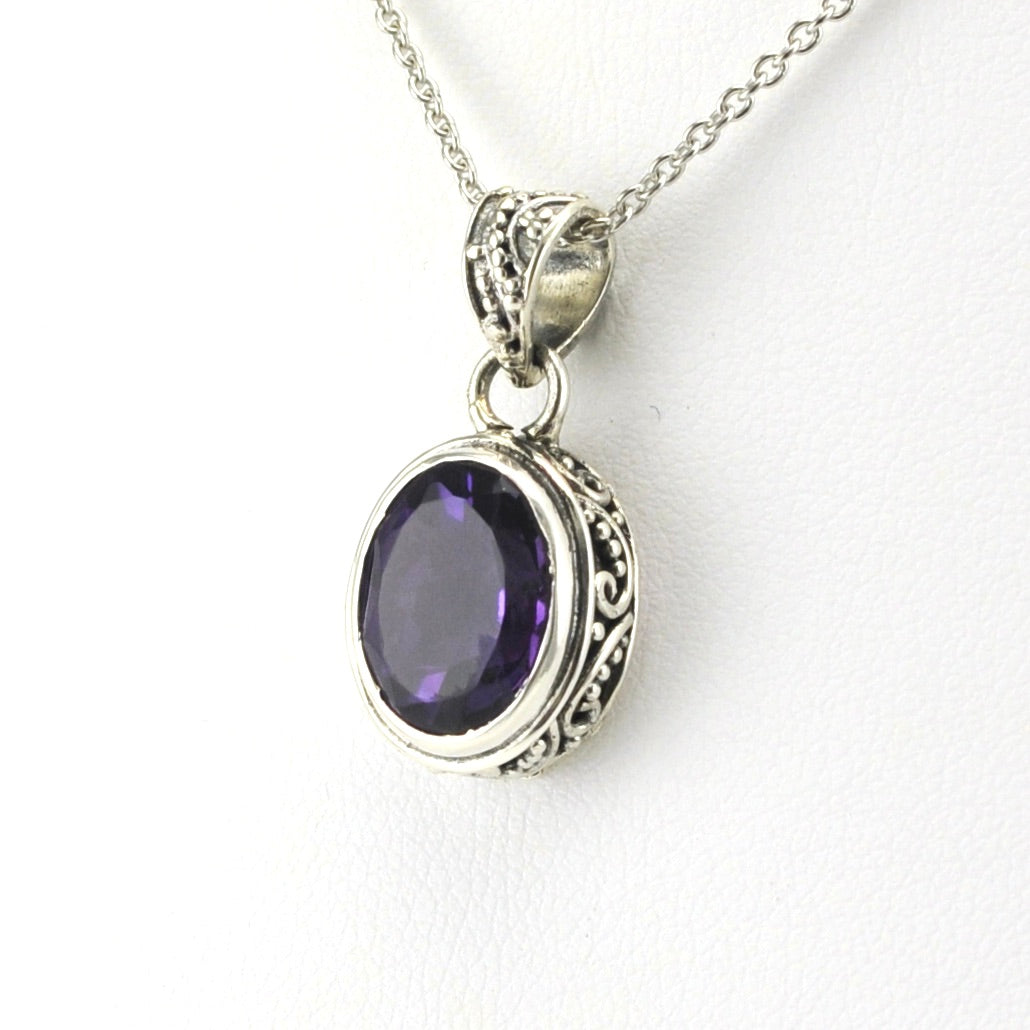 Side View Sterling Silver Amethyst 9x11mm Oval Bali Necklace