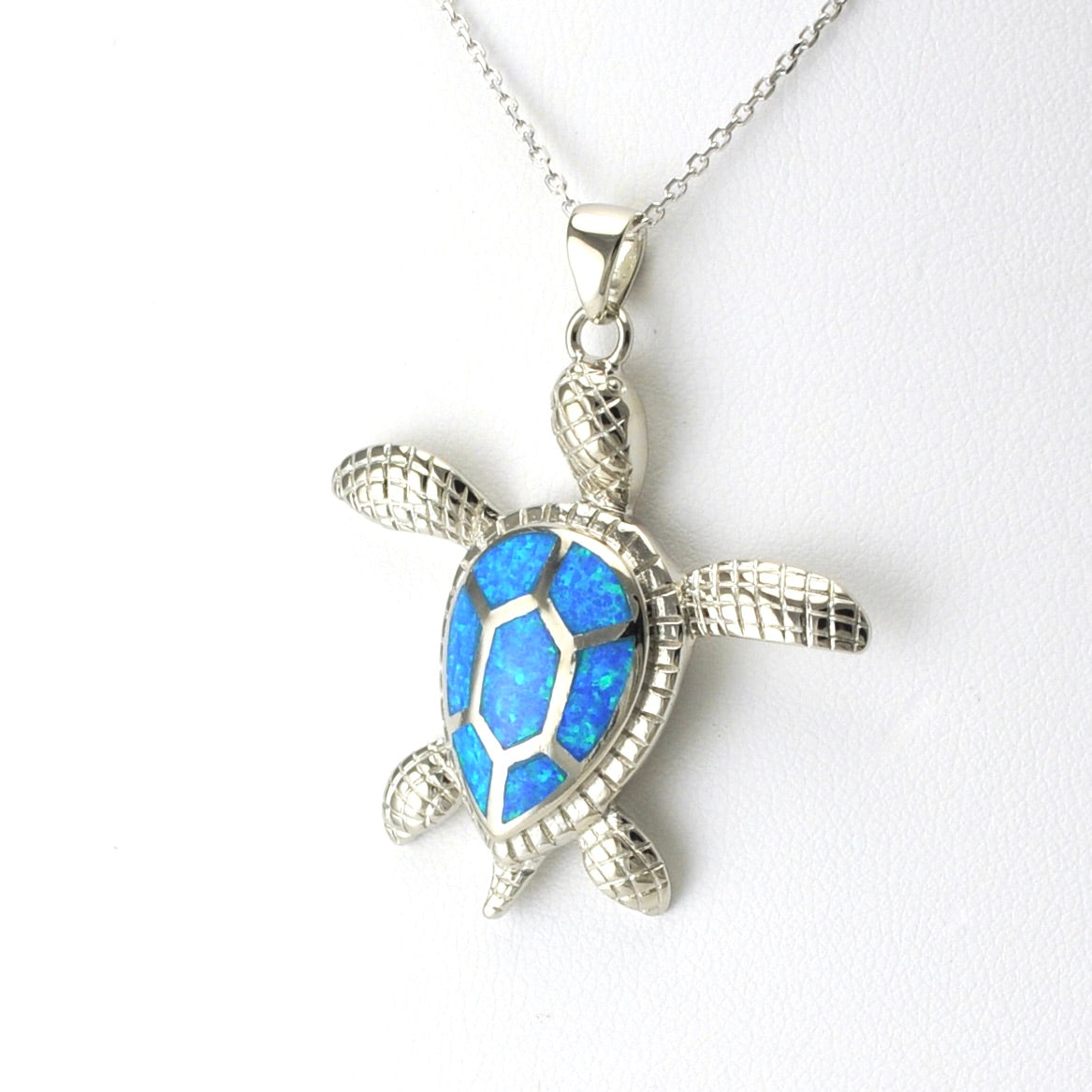 Side View Sterling Silver Created Opal Sea Turtle Necklace