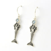 Side View Sterling Silver Mermaid Blue Topaz Dangle Earrings