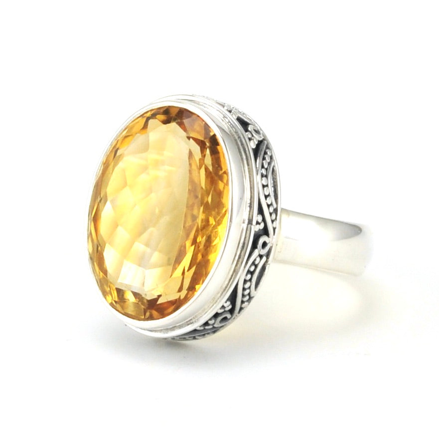 Sterling Silver Citrine 12x16mm Oval Bali Ring Size 7