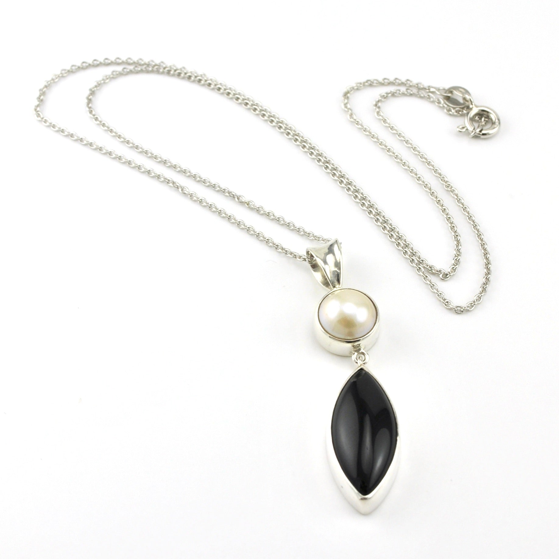 Sterling Silver Freshwater Cultured Pearl and Onyx Bead Necklace