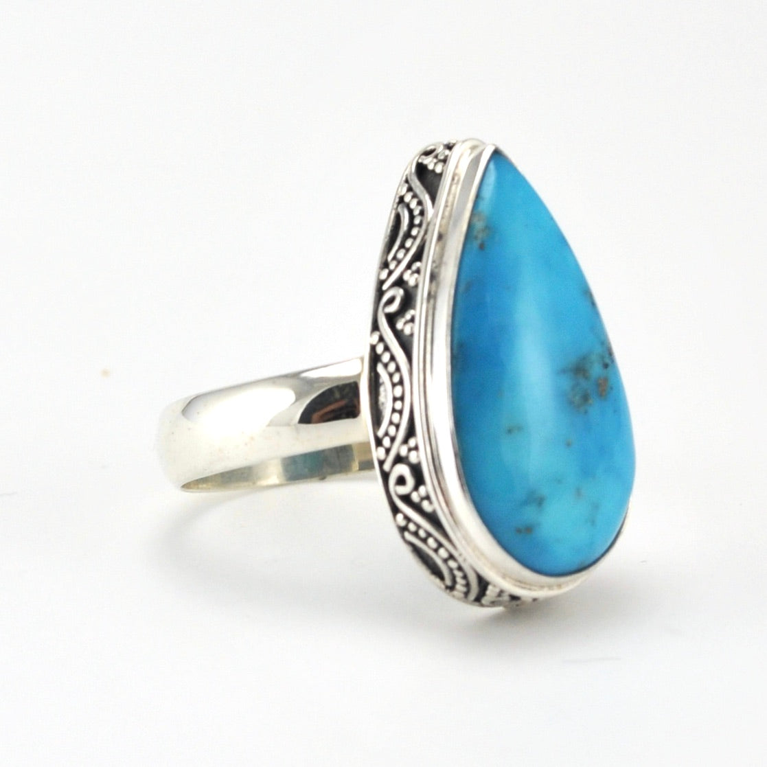 Side View Sterling Silver Arizona Turquoise 12x21mm Tear Bali Ring