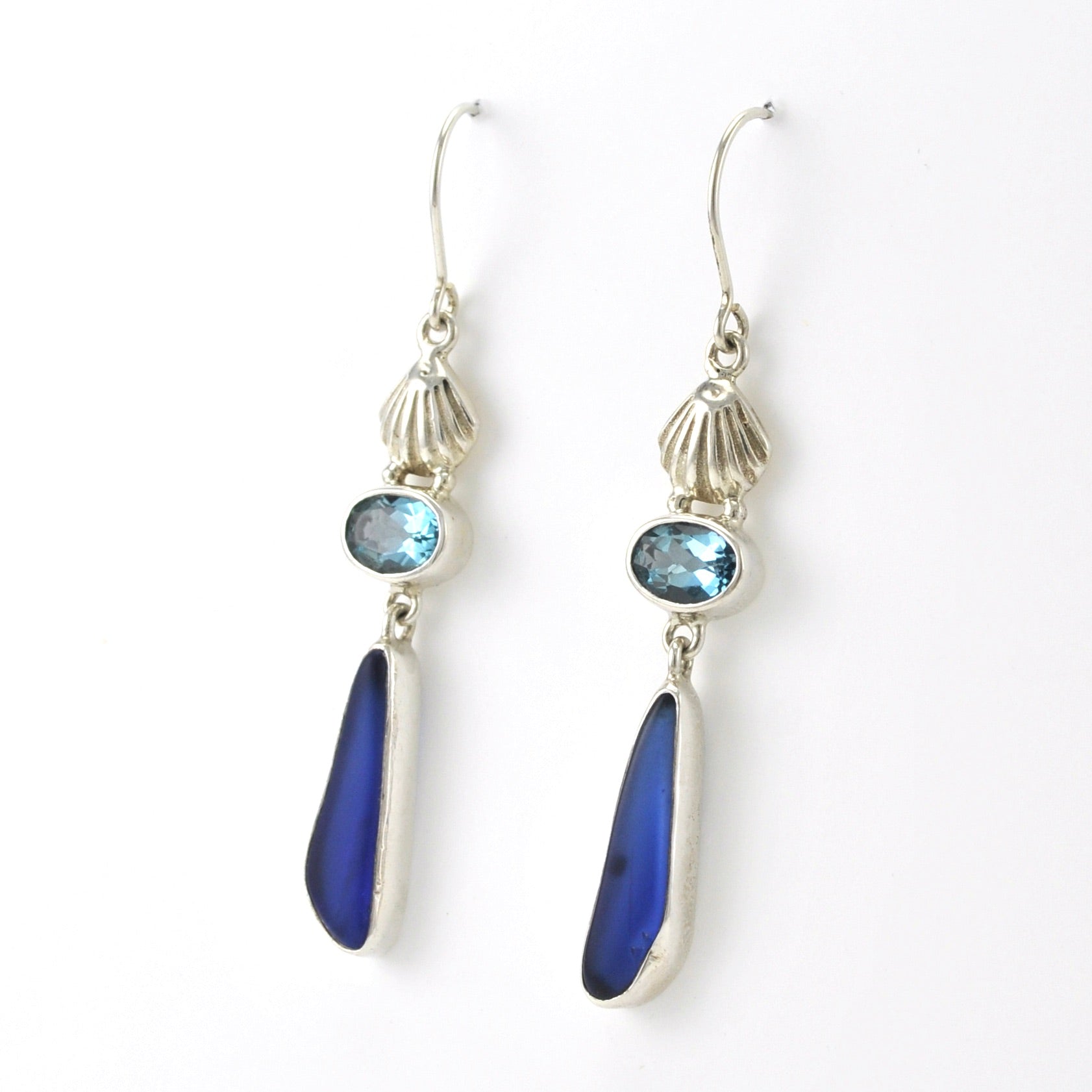Side View Sterling Silver Seashell Blue Topaz Sea Glass Earrings