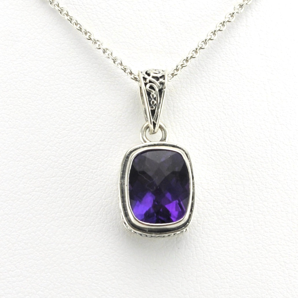 Alt View Sterling Silver Amethyst 8x10mm Rectangle Bali Necklace