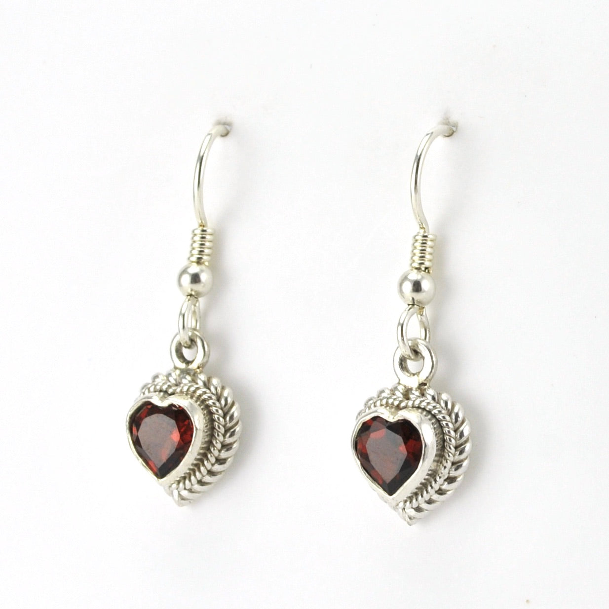 Side View Sterling Silver Garnet 6mm Heart Dangle Earrings