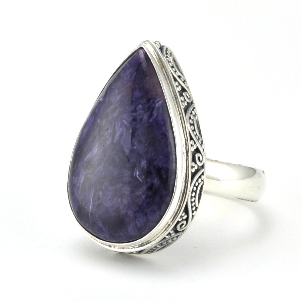 Sterling Silver Charoite 15x24mm Tear Bali Ring