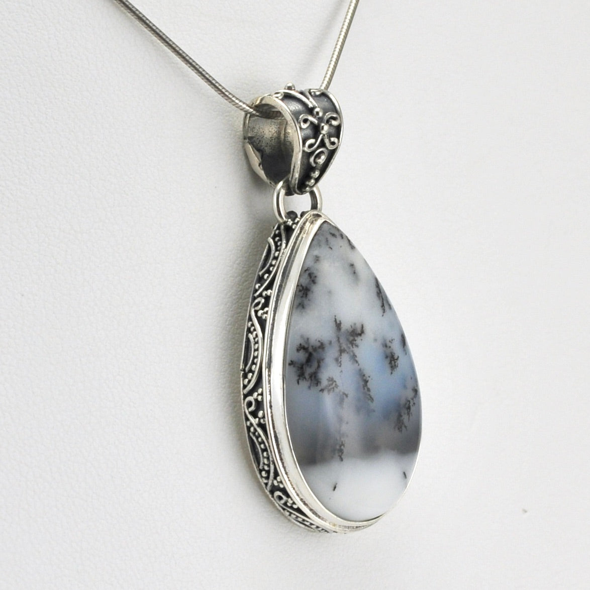 Side View Sterling Silver Dendritic Agate 18x30mm Tear Bali Pendant