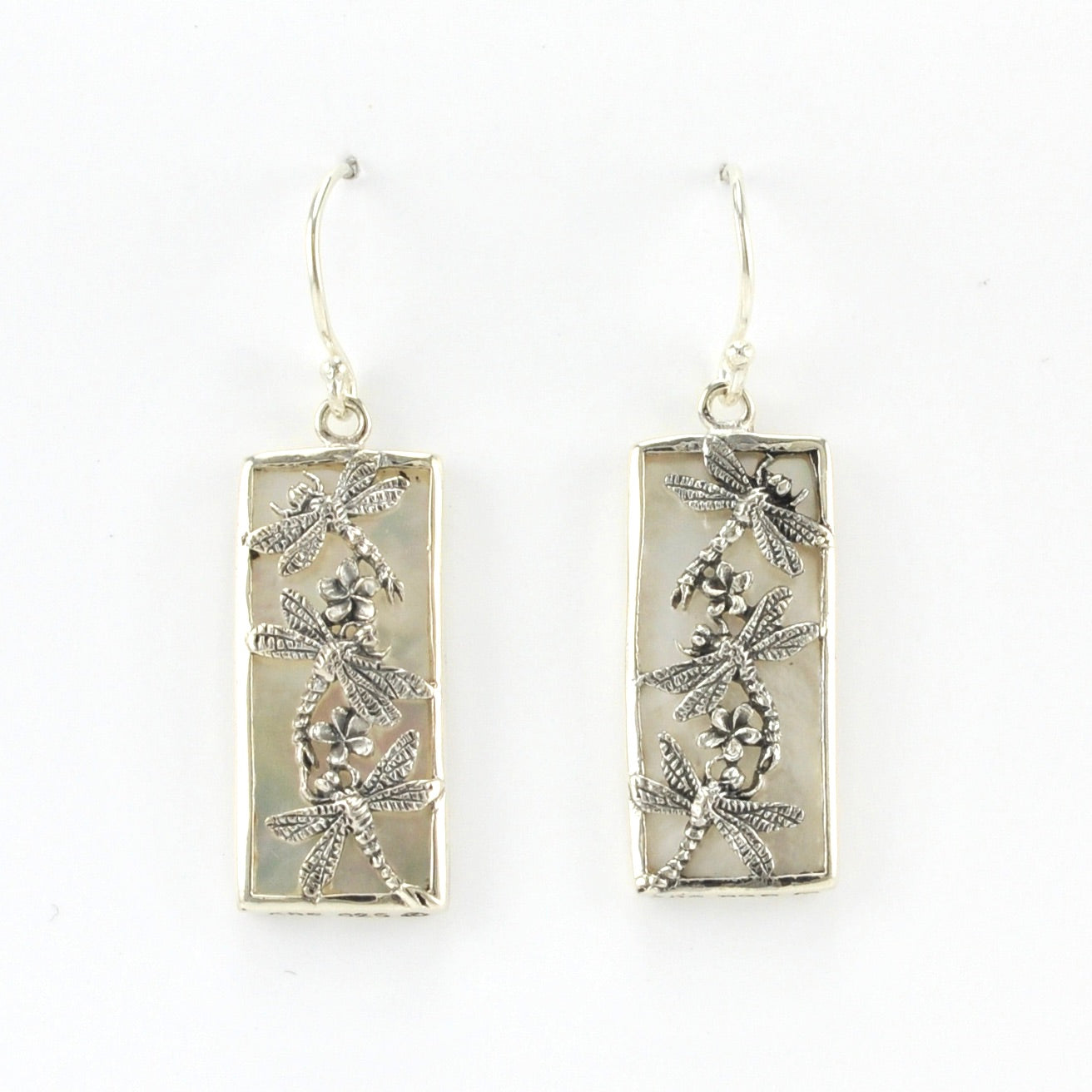 Alt View Sterling Silver Mother of Pearl Dragonfly Rectangle Earrings