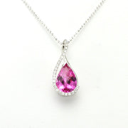 Sterling Silver Created Pink Sapphire 3.6ct Tear CZ Necklace