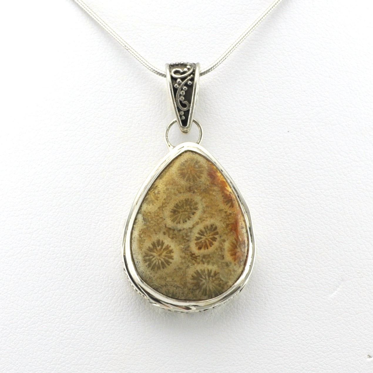 Alt View Sterling Silver Fossil Coral 18x23mm Tear Bali Pendant