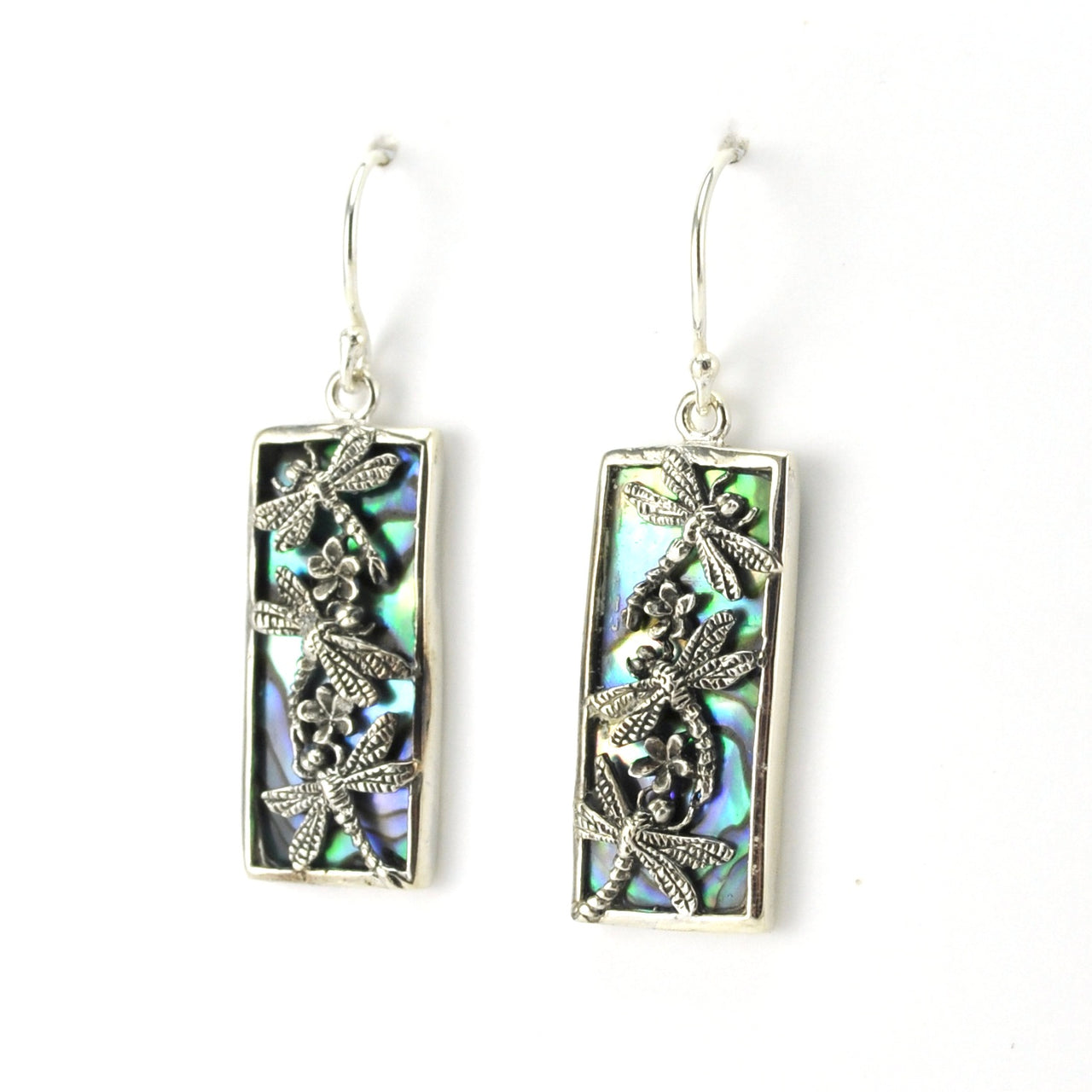 Side View Sterling Silver Abalone 3 Dragonfly Rectangle Earrings