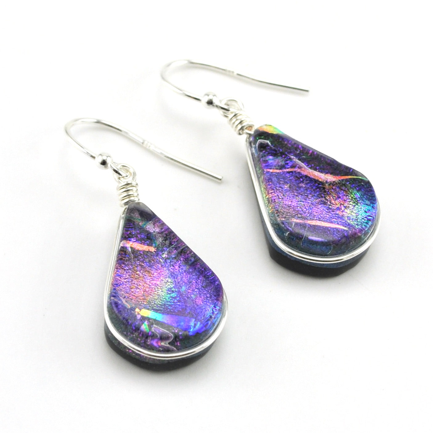 Sterling Silver Dichroic Glass Purple Rainbow Lotus Dangle Earrings