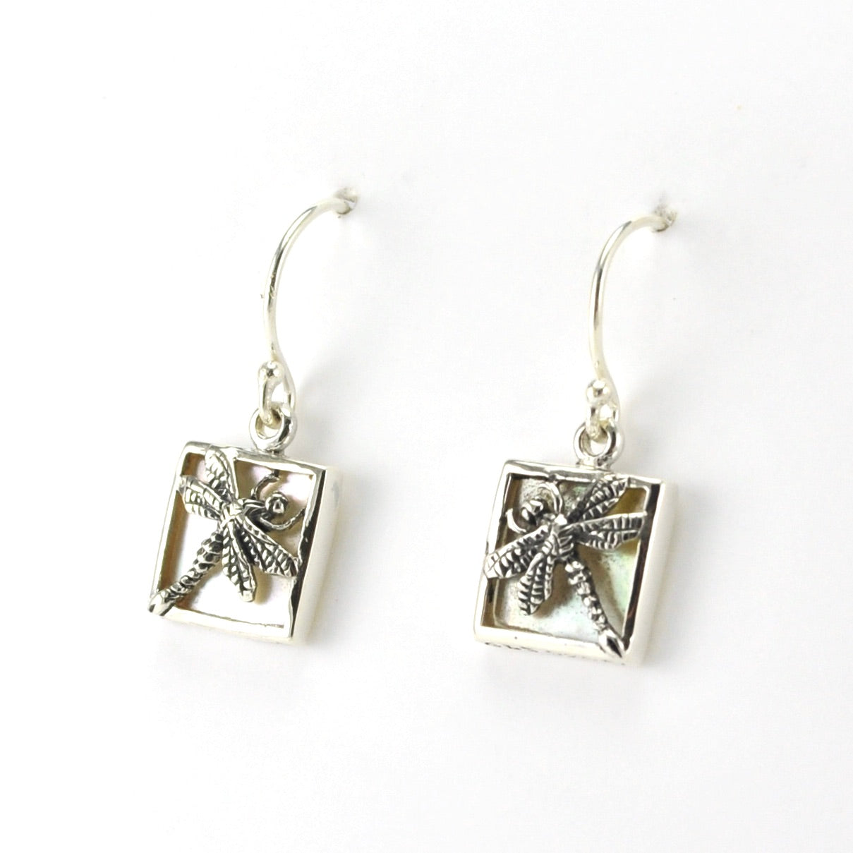 Sterling Silver Mother of Pearl Dragonfly Square Earrings
