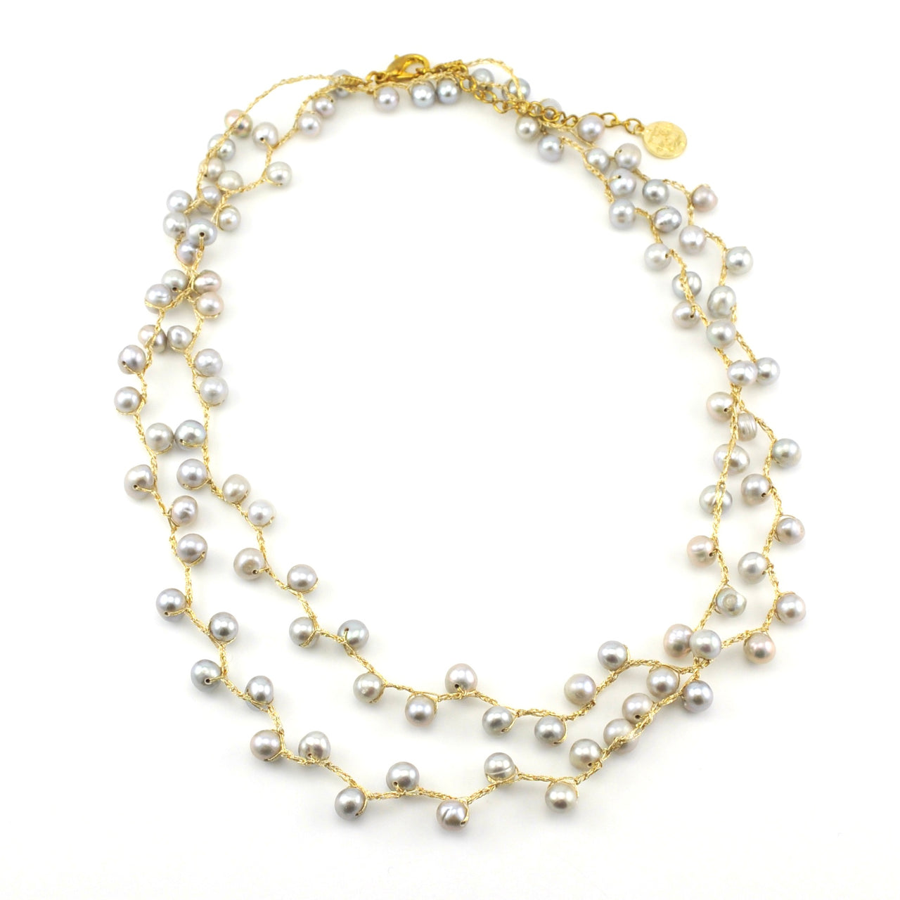 Gold Japanese Silk 34" Silver Pearl Necklace