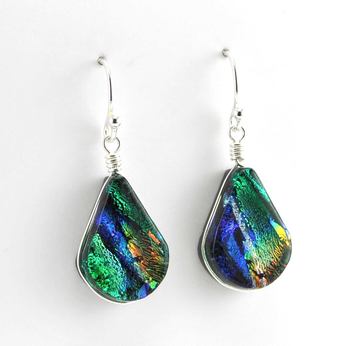 Alt View Sterling Silver Dichroic Glass Green Rainbow Lotus Dangle Earrings