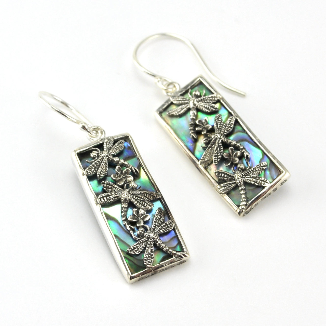 Sterling Silver Abalone 3 Dragonfly Rectangle Earrings