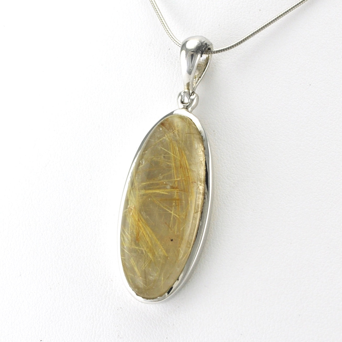 Side View Sterling Silver Rutilated Quartz Long Oval Pendant