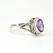 Side View Sterling Silver Amethyst 7x9mm Oval Bali Ring