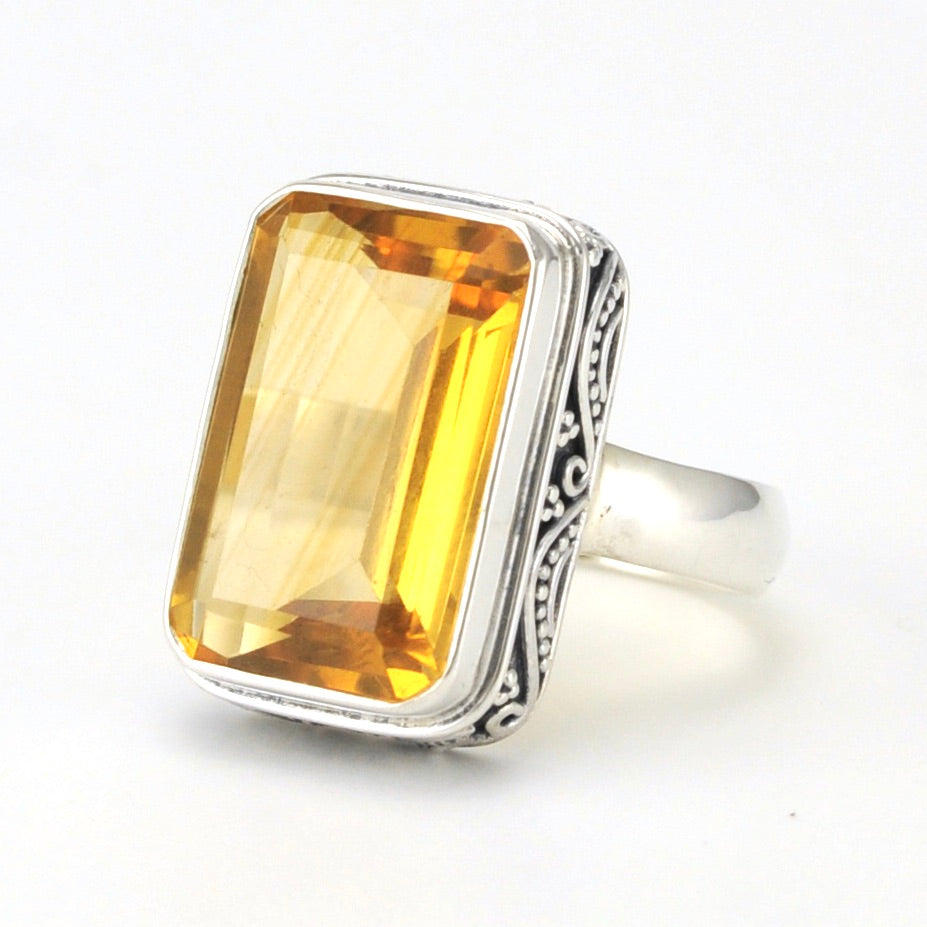 Sterling Silver Citrine 11x17mm Rectangle Bali Ring