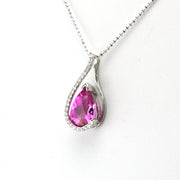 Side View Sterling Silver Created Pink Sapphire 3.6ct Tear CZ Necklace