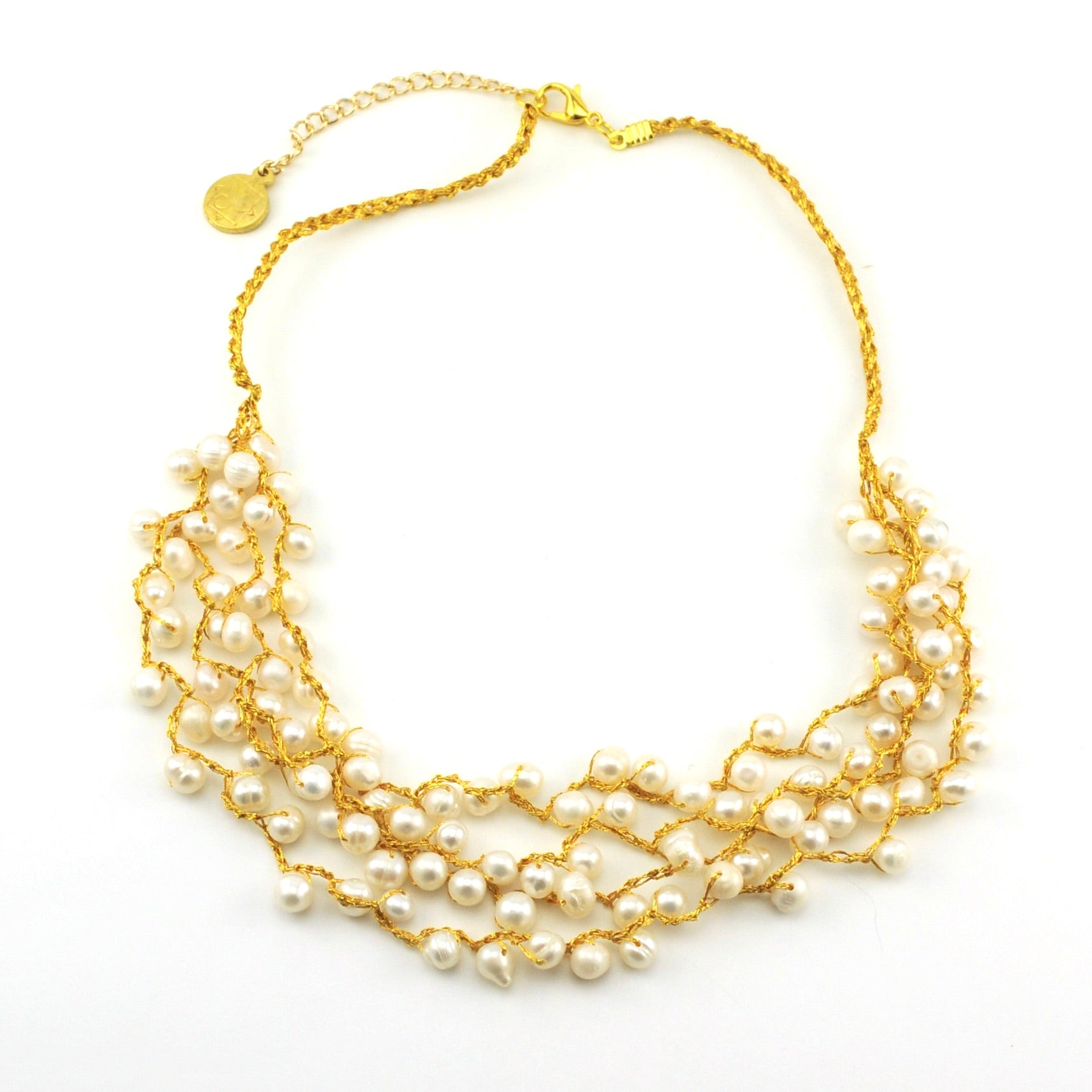Gold Japanese Silk Cascading White Pearl Necklace