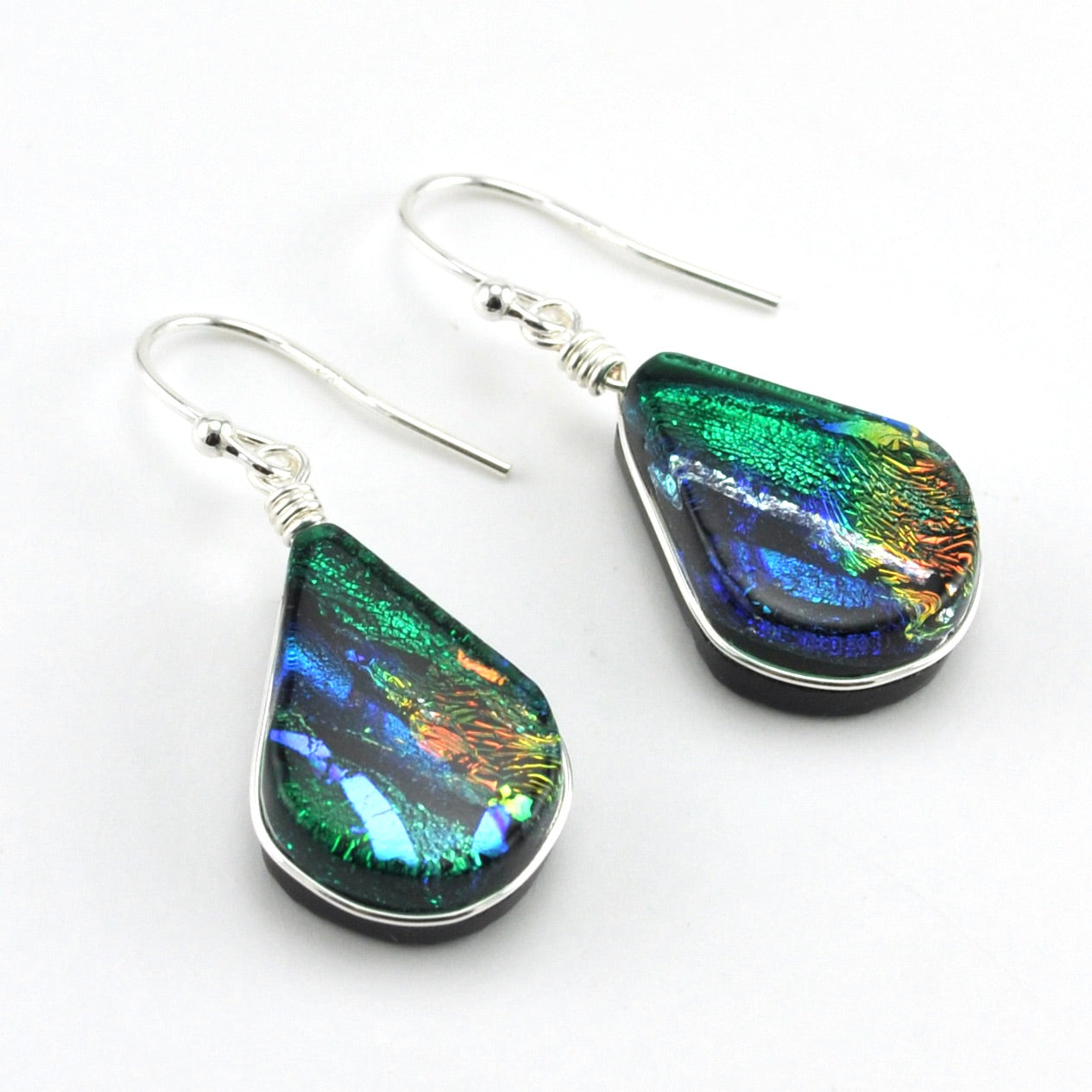 Sterling Silver Dichroic Glass Green Rainbow Lotus Dangle Earrings