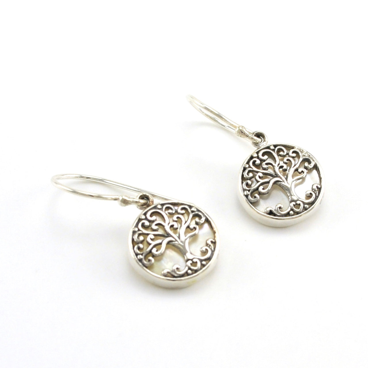 Sterling Silver Mother of Pearl Tree of Life Small Dangle Earrings