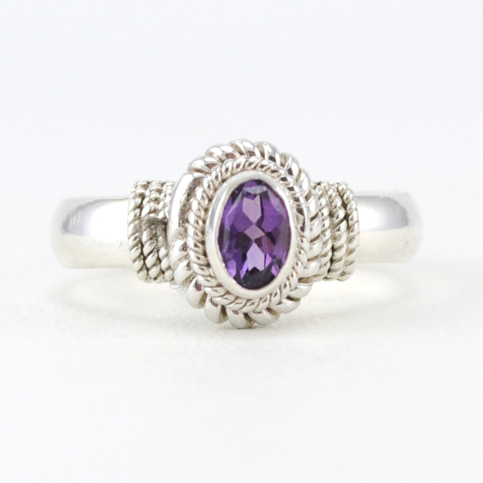 Sterling Silver Amethyst 4x6mm Oval Rope Ring
