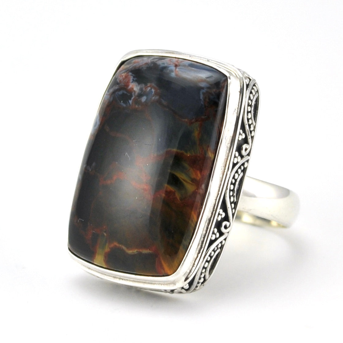 Sterling Silver Pietersite 16x29mm Rectangle Bali Ring