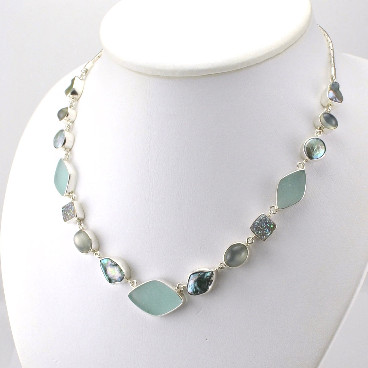 Sterling Silver Aqua Sea Glass Pearl Druzy Necklace