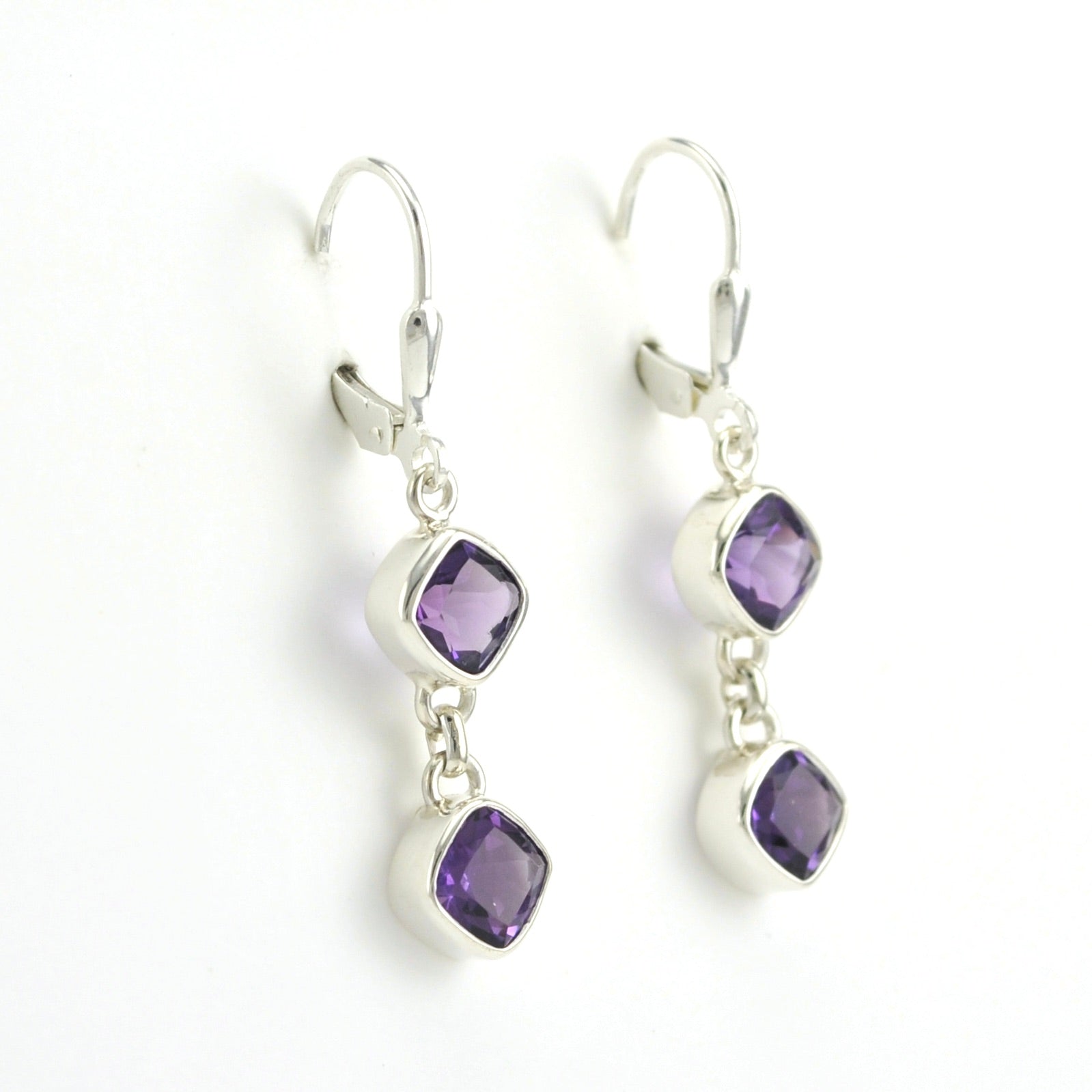 Side View Sterling Silver Amethyst 2 Offset Square Dangle Earrings