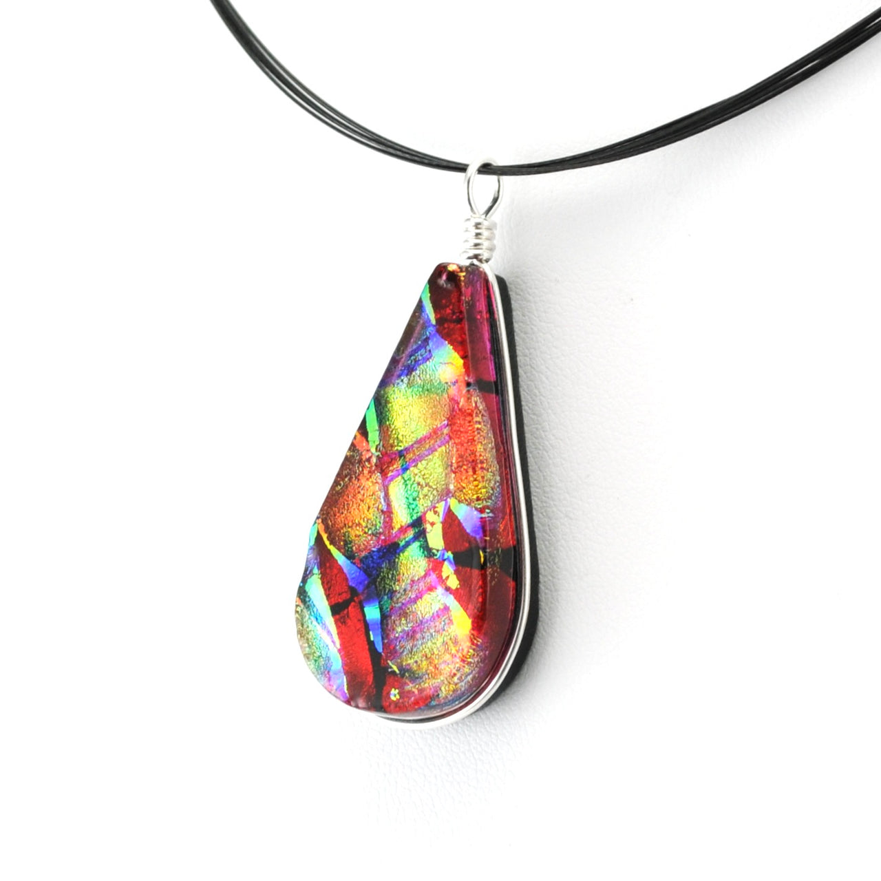 Sterling Silver Dichroic Glass Rainbow Red Teardrop Pendant
