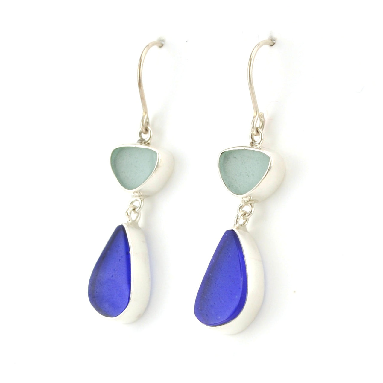 Side View Sterling Silver Blue and Aqua Sea Glass Earrings