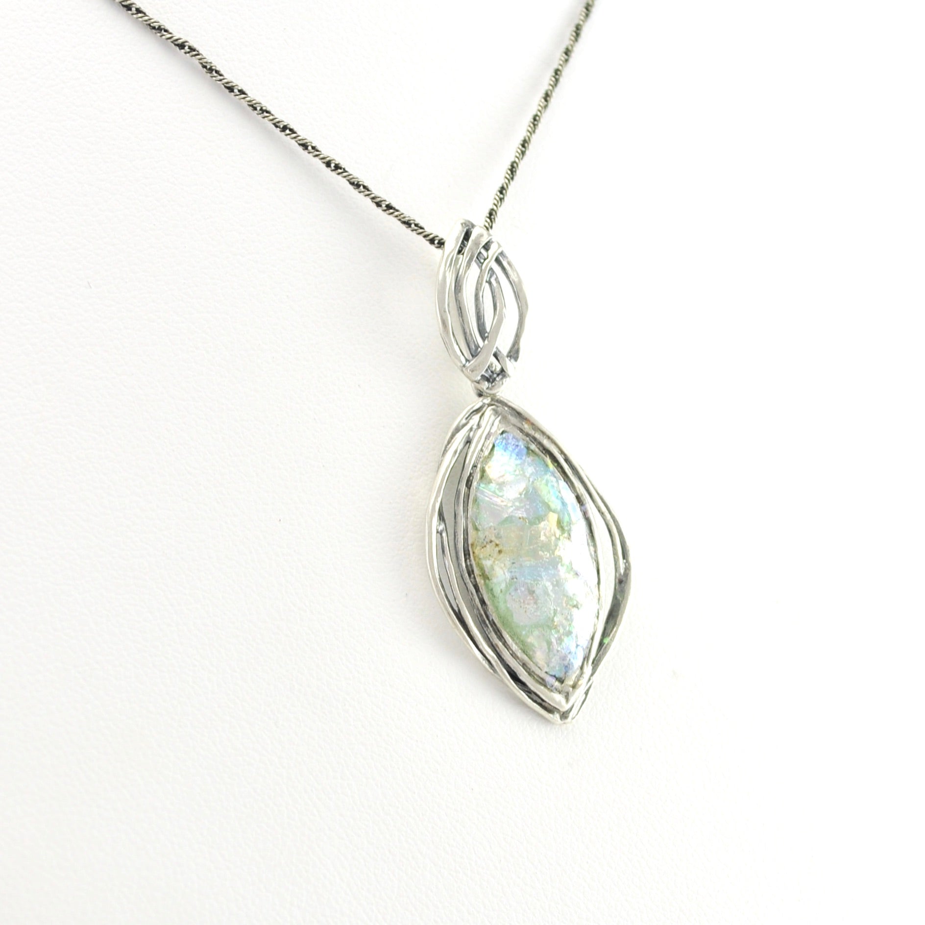 Side View Sterling Silver Roman Glass Marquise Necklace
