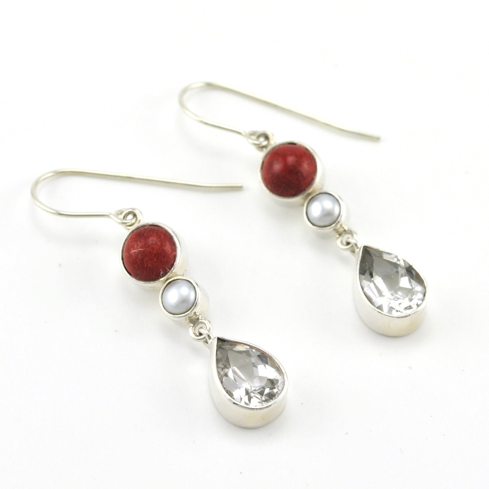 Sterling Silver Coral Pearl White Topaz Earrings