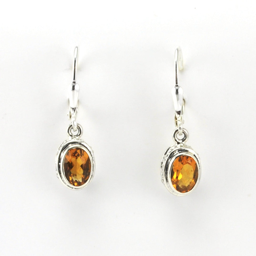 Alt View Sterling Silver Citrine 5x7mm Oval Bali Dangle Earrings