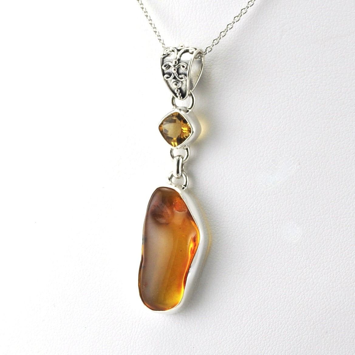 Side View Sterling Silver Honey Amber with Citrine Necklace